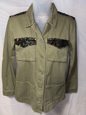 Junior Sequin Hearts Olive Green Utility Jacket with Black Sequin Accents